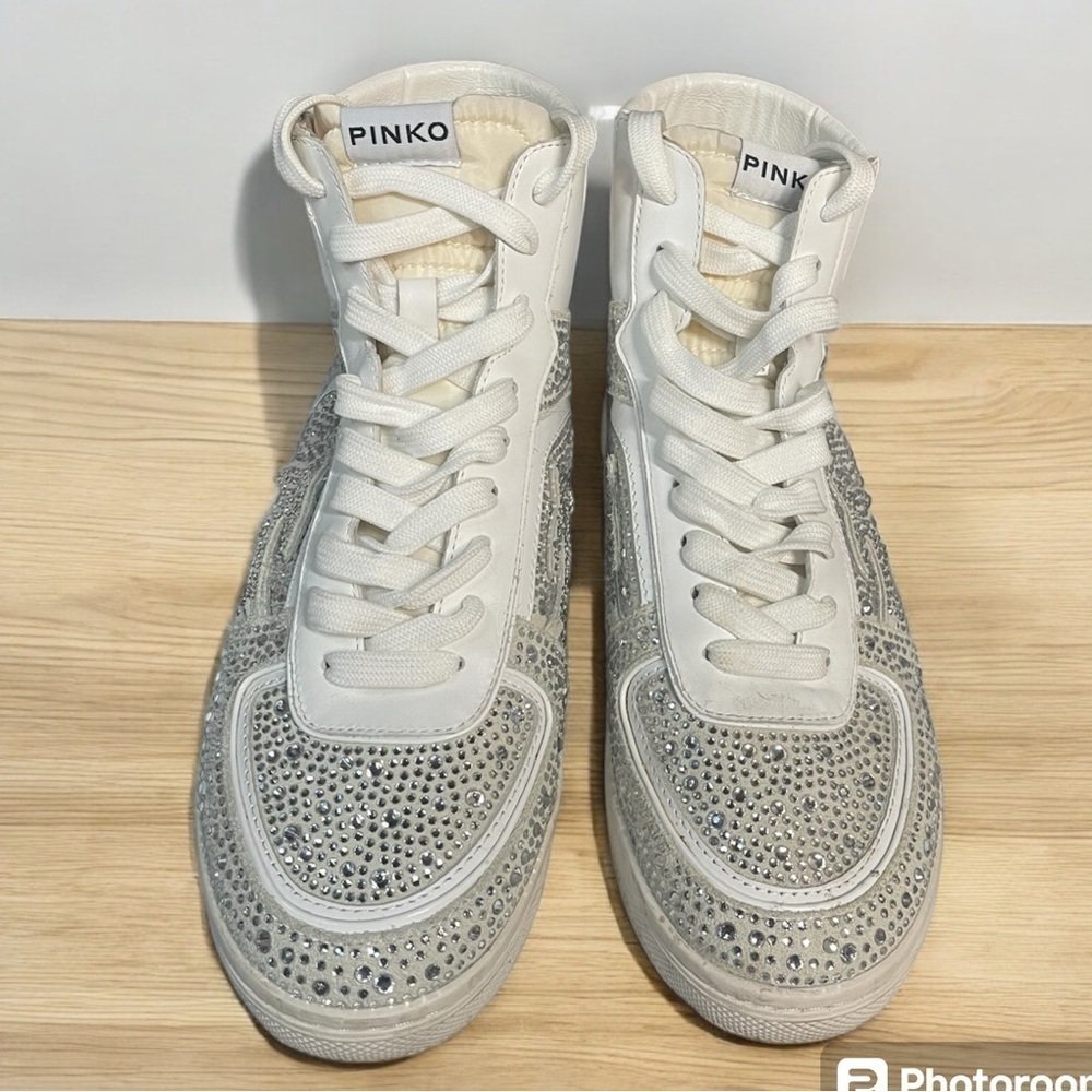 PINKO Leather Crystal Embellishments Sneakers, size 38
